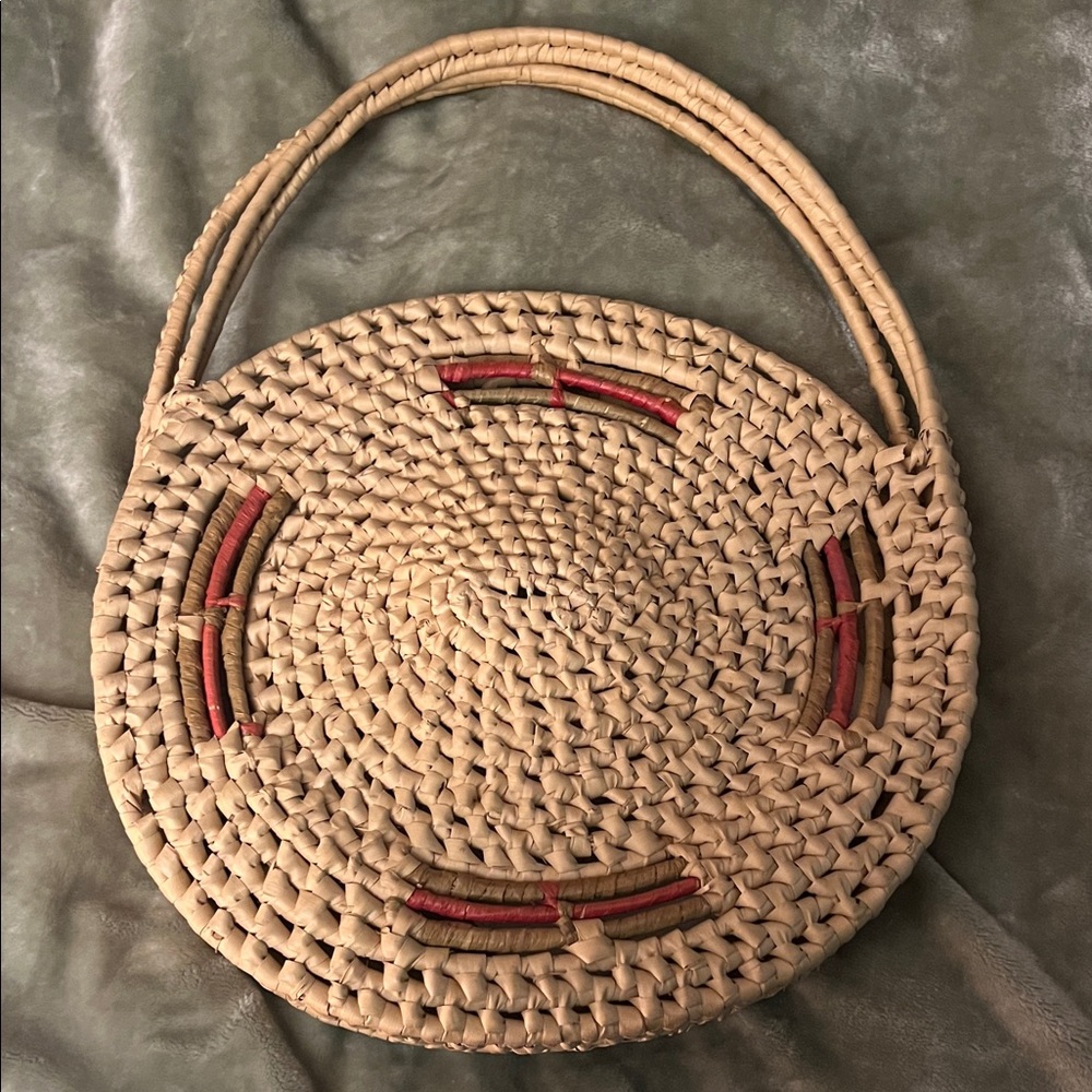 Woven Round Straw Tote Bag with Red Accent - Women Bags